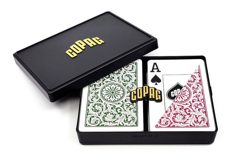 Copag 1546 Design 100% Plastic Playing Cards, Bridge Size (Narrow) Green/Burgundy (Jumbo Index, 1 Set) - Image 1